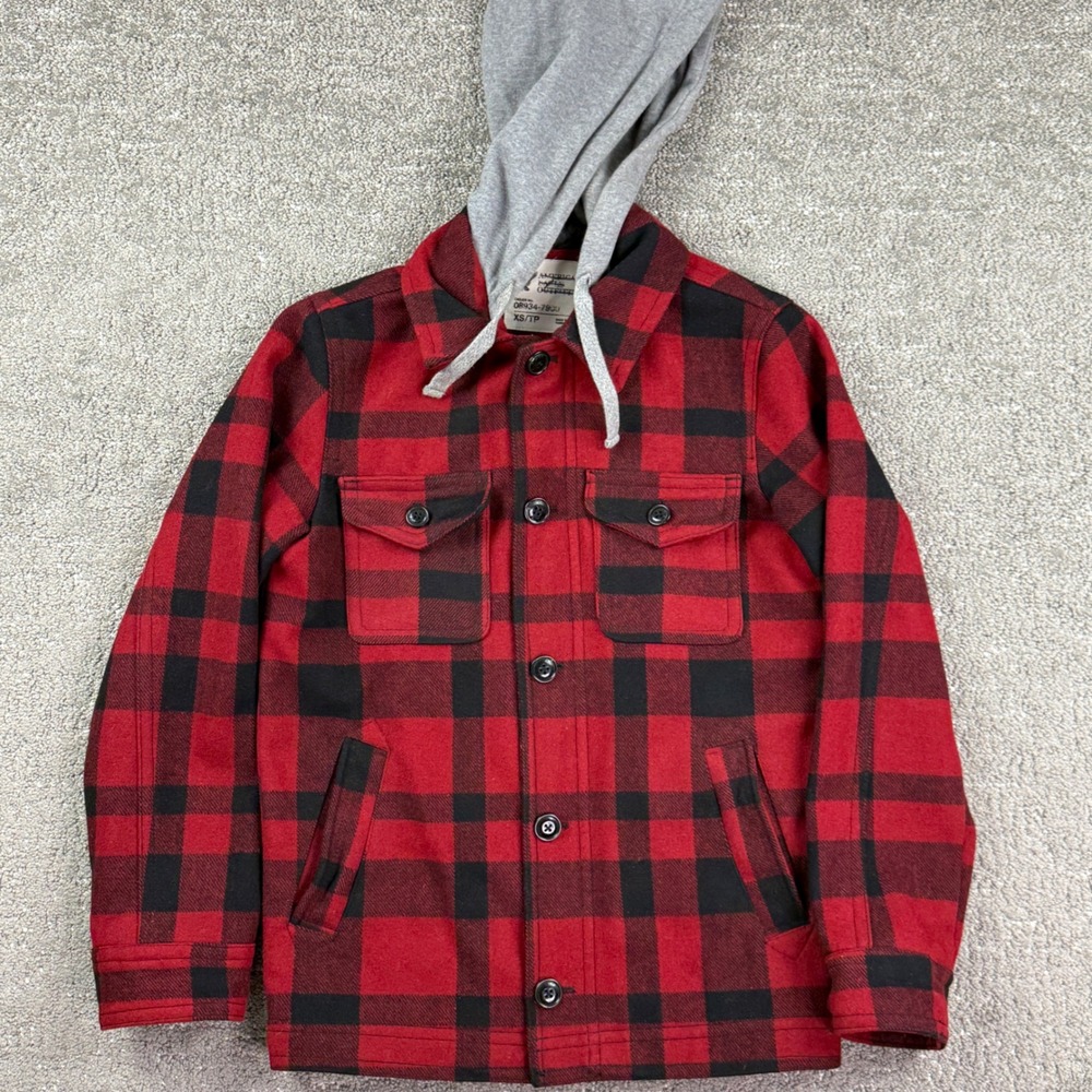 American Eagle Womens XS Wool Blend Buffalo Plaid Hooded Jacket Red Black